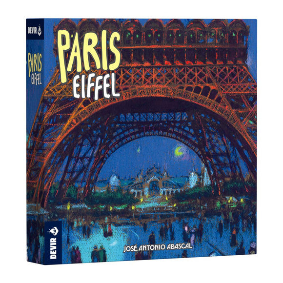Board game box for 'Paris Eiffel' with colorful illustration of the Eiffel Tower at night.