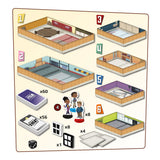 Set of game components including rooms, cards, figures, and dice on a beige background