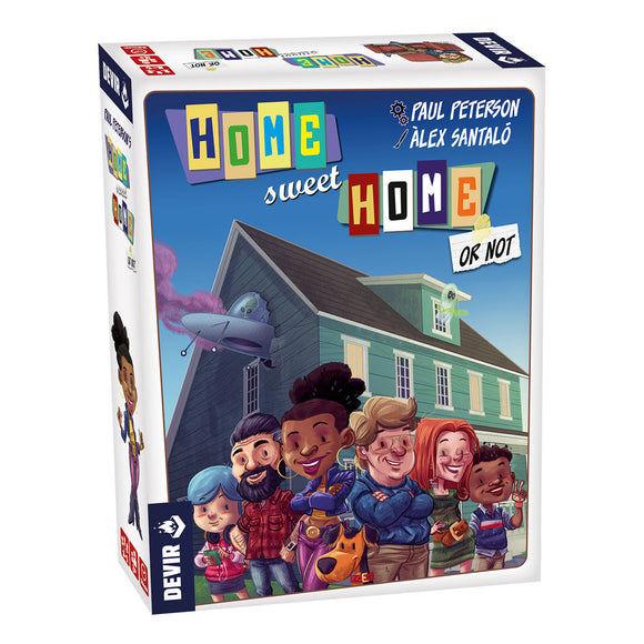 Board game box titled 'Home Sweet Home or Not' with colorful text and illustration of characters and a house.