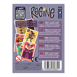 Card game packaging with colorful cards and text on a purple background