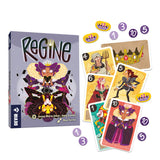 Board game packaging for 'Regine' with cards featuring illustrated characters and numbers.