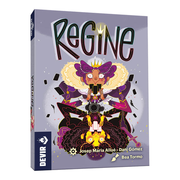 Board game box titled 'Regine' with colorful illustration on a purple background