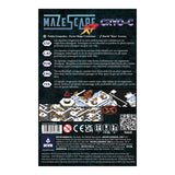 Back cover of MazeScape XP Cryo-C board game packaging with text and graphics.