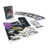 Board game set with cards and a box on a white background