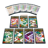 Mazescape game components including cards and a pencil on a white background