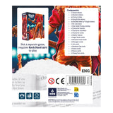 Back of the Rock Hard card game box showing components list, player count icons, and Devir branding on a white background with torn-paper styling.