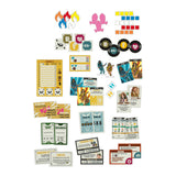 A flat lay of a game components set on a white background, including character tokens, action icons, cards, dice, and a tracking sheet.