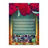 A printed card game instruction sheet or rulebook page with a decorative border, featuring a large red rose illustration at the top, several blocks of Spanish text in the center, and three illustrated cards shown at the bottom.