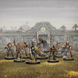 Miniature figures in a fantasy setting with a rustic village background