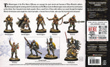 Wargaming miniatures with detailed figures on a display card.