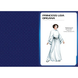 A printed card or poster featuring an illustration of Princess Leia Organa in a white gown, with the text 'PRINCESS LEIA ORGANA' and a quote. The right side has a white background with the character drawing, while the left side is a dark blue patterned panel.