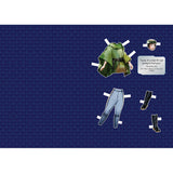 A flat lay of a paper cutout costume set on a dark blue patterned background. The set includes a green cape with a brown belt, light blue pants, black boots, and a small character headpiece with a printed quote card.
