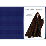 A Star Wars collectible featuring Anakin Skywalker in his dark brown cloak, with a blue patterned background on the left and a white card face on the right.