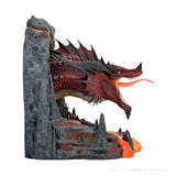 Dragon statue with fiery breath emerging from a rocky outcrop on a white background