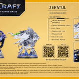 StarCraft TGMG Zeratul Hero Expansion Set box contents and packaging insert card, showing a 3D model of Zeratul, QR codes, and text details on a yellow and black background.