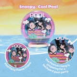 Snoopy-themed pool party product with Peanuts characters on a colorful background