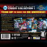 Back cover of DC Deck-Building Game Crisis Collection 1 packaging with superhero cards and branding.