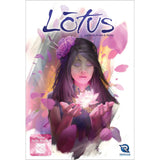 Board game box for 'Lotus' featuring an illustration of a character holding a glowing flower.