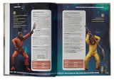 Open book showing character profiles with illustrations and text on a blue background
