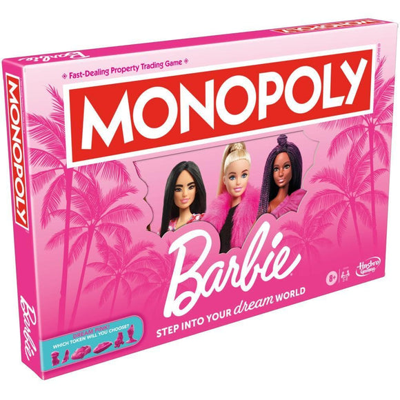 Monopoly Barbie board game box with three dolls on a pink background