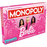 Monopoly Barbie board game box with three dolls on a pink background