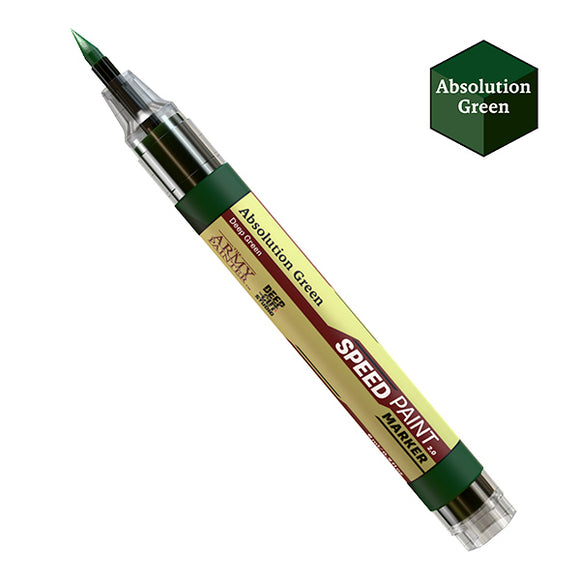 Speed paint marker with 'Absolution Green' label on a white background