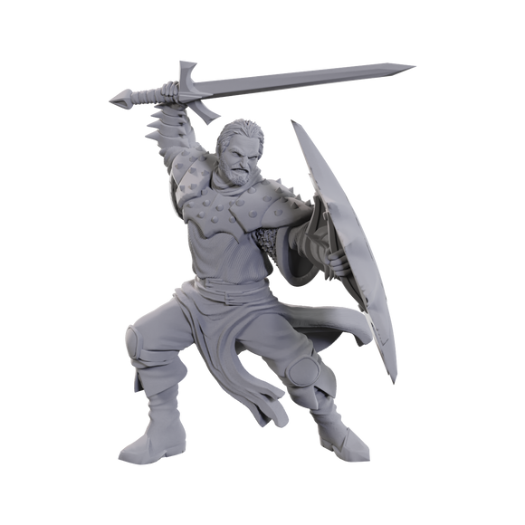 Gray warrior figurine with a sword and shield on a white background