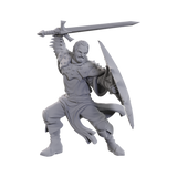 Gray warrior figurine with a sword and shield on a white background