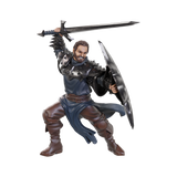 Action figure of a warrior holding a sword and shield on a white background