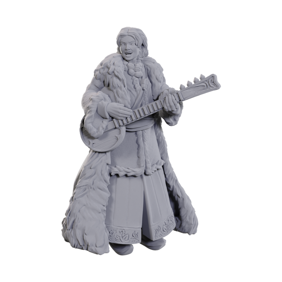 Gray figurine of a character playing a guitar on a white background