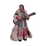 Figure of a person in historical attire playing a guitar on a white background