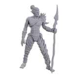 Gray warrior figurine with armor and spear on a white background