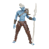 Action figure with blue skin and brown tribal attire holding a spear on a white background