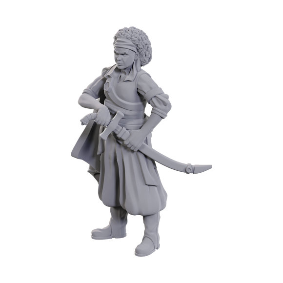Gray figurine of a character with a weapon on a white background