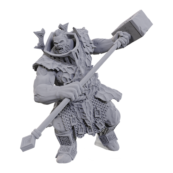 Gray warrior figurine with armor and great hammer on a white background