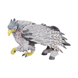 detailed figurine of a bird with gray and white feathers on a white background