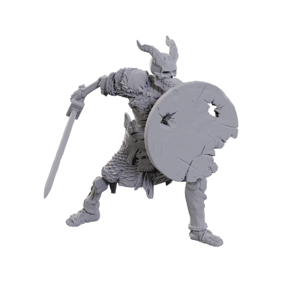 Unpainted warrior figurine with a sword and shield on a white background