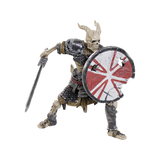 Skeleton warrior figurine with a sword and shield featuring a cross design on a white background