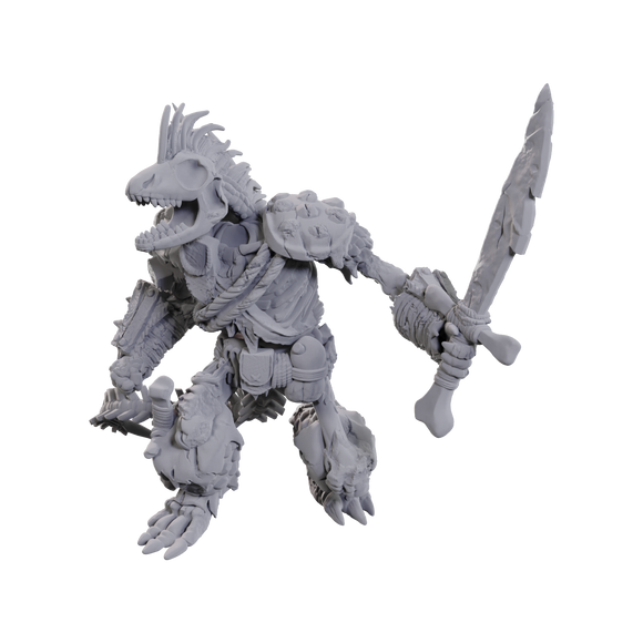 Gray fantasy lizard creature figurine with a sword on a white background