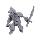 Gray fantasy lizard creature figurine with a sword on a white background