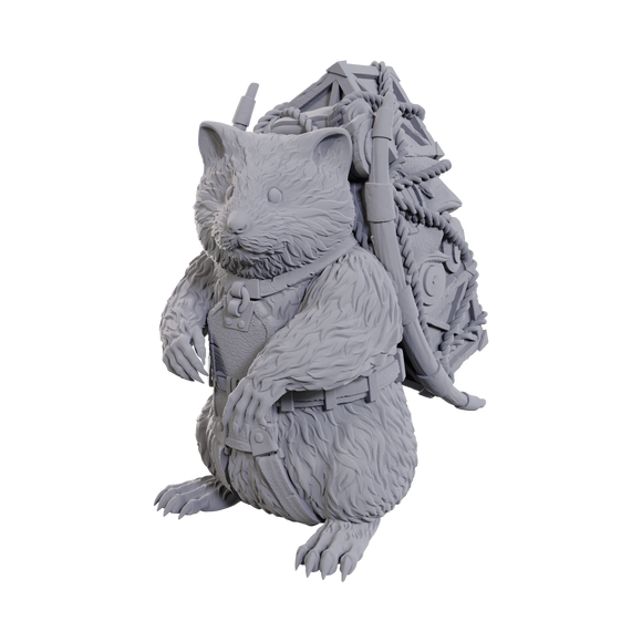 Gray hamster figurine with a backpack on a white background