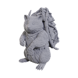Gray hamster figurine with a backpack on a white background