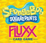 Front cover artwork for the SpongeBob Squarepants Fluxx Card Game, featuring the SpongeBob and Squarepants logo in yellow and blue on a yellow geometric background, with the word FLUXX in large pink letters and 'CARD GAME' in blue below.