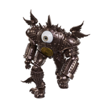 Metallic creature figurine with armor-like design on a white background