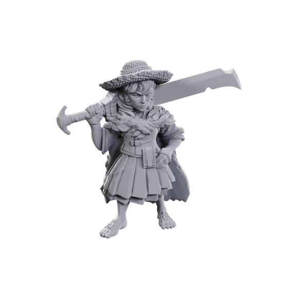 Gray figurine of a character with a hat and weapon on a white background
