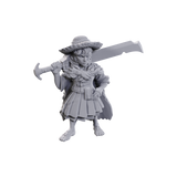 Gray figurine of a character with a hat and weapon on a white background