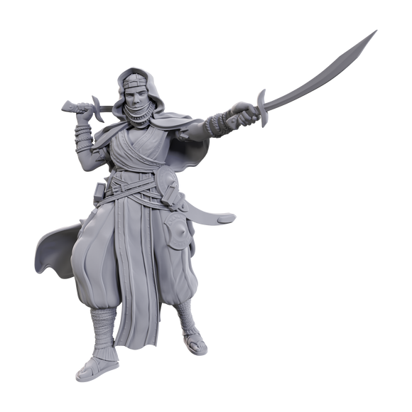Gray warrior figurine holding a sword on a white background