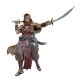 Action figure of a warrior character with swords on a white background