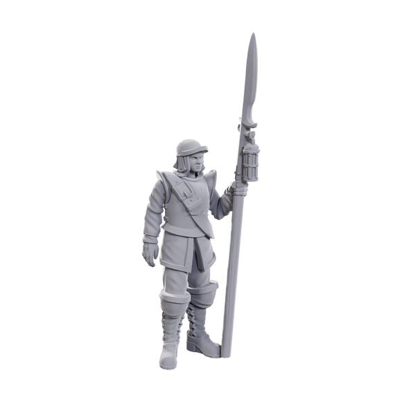 Gray figurine of a warrior holding a spear on a white background