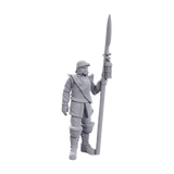 Gray figurine of a warrior holding a spear on a white background